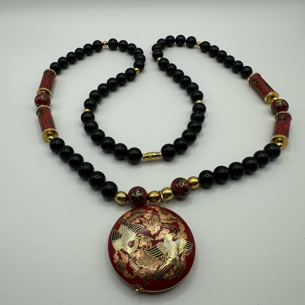 Elegant Black and Gold Cloisonné and Bead Necklace